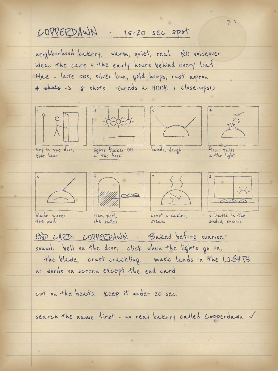 A one-page plan for the bakery ad: the brief, eight sketched shots, the end card and the sound notes.