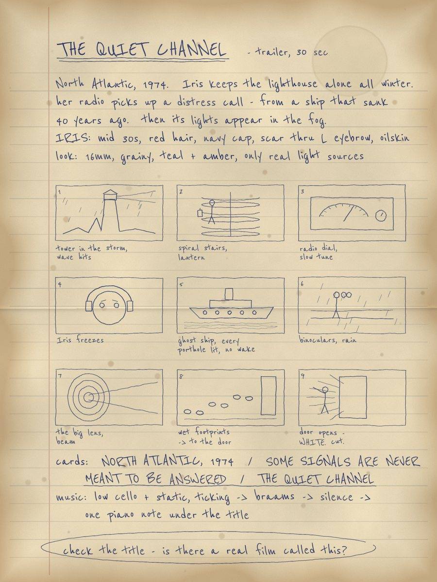 A one-page plan for The Quiet Channel trailer: the story, the lighthouse keeper, nine sketched shots, the title cards and the music.