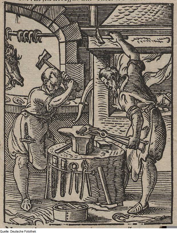 Woodcut of a smith at his forge with two helpers, from Jost Amman's book of trades, 1568